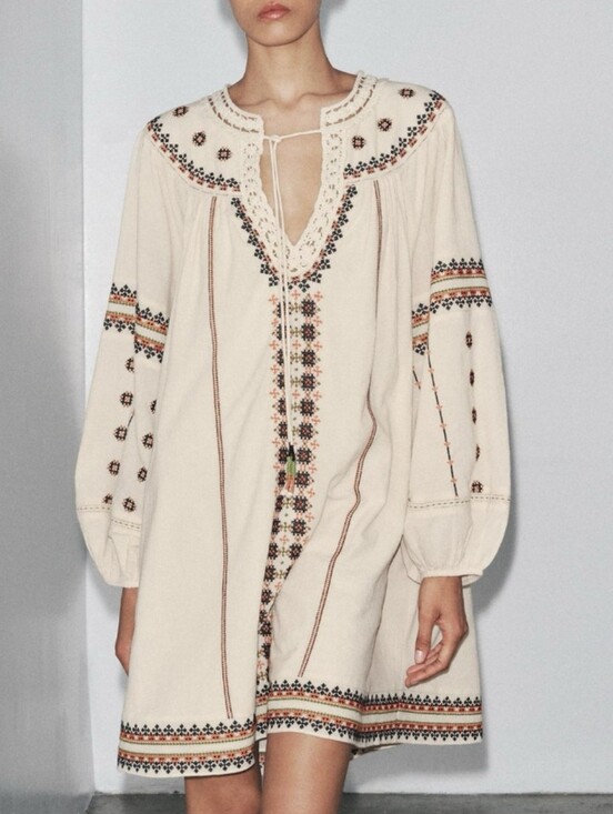 Zara Dresses & Skirts - NEW Zara Embroidered Cream Boho Tunic Peasant Dress Size L